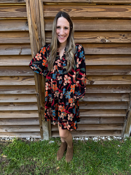 Blossom Black & Orange Mix Floral Fall Dress