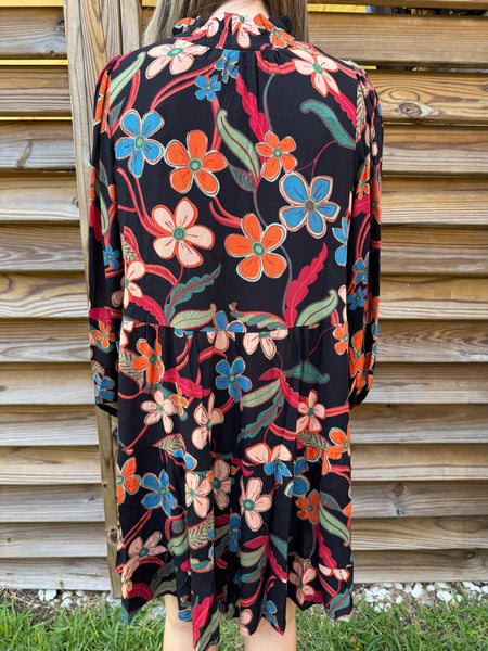 Blossom Black & Orange Mix Floral Fall Dress