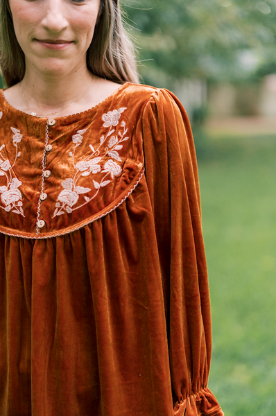 Demi Deep Orange Velvet Embroidered Blouse