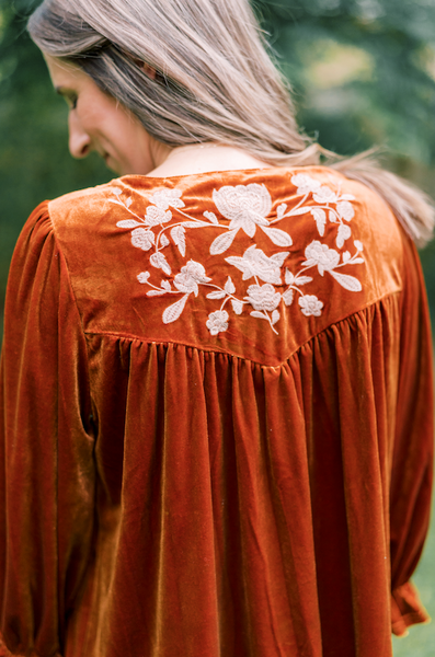 Demi Deep Orange Velvet Embroidered Blouse