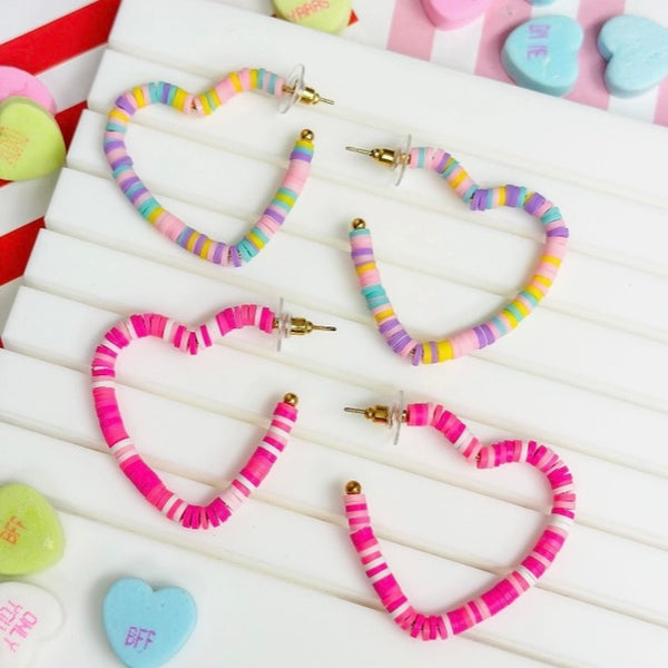 Rubber Disc Open Heart Hoop Earrings - Two Colors