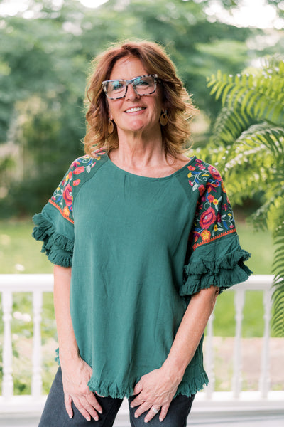 The Emma Gene Embroidered Forest Green Blouse