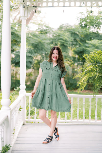 The Shania Button Down Denim Dress - Sage Green