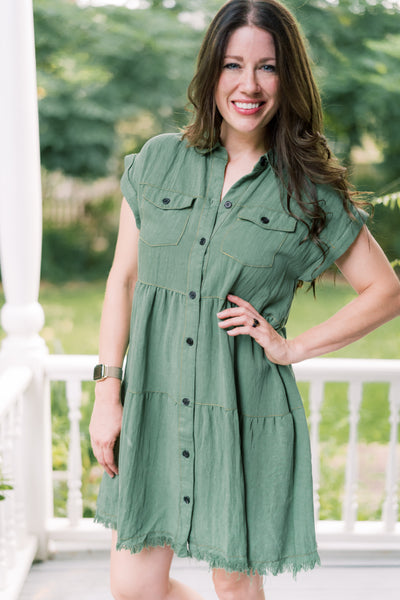 The Shania Button Down Denim Dress - Sage Green