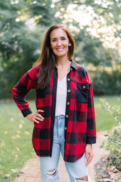 Buffalo Plaid Button Down Shacket - Red/Black