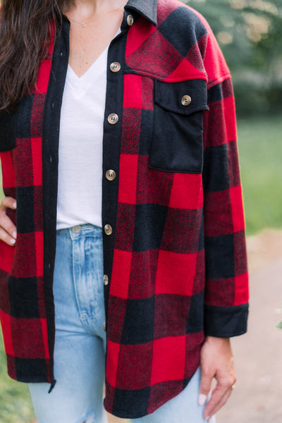 Buffalo Plaid Button Down Shacket - Red/Black