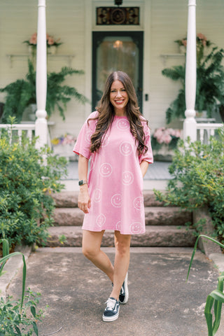 Sutton Smiley Face T-Shirt Dress - Pink