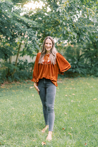 Demi Deep Orange Velvet Embroidered Blouse