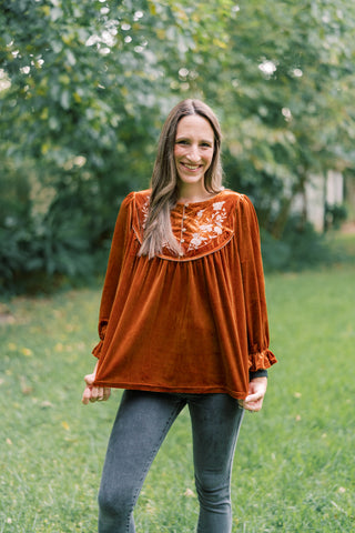 Demi Deep Orange Velvet Embroidered Blouse