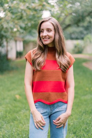 Callie Camel & Red Retro Short Sleeve Sweater Top