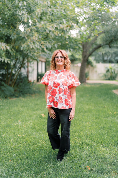 Olivia Orange & Ivory Floral Puff Blouse