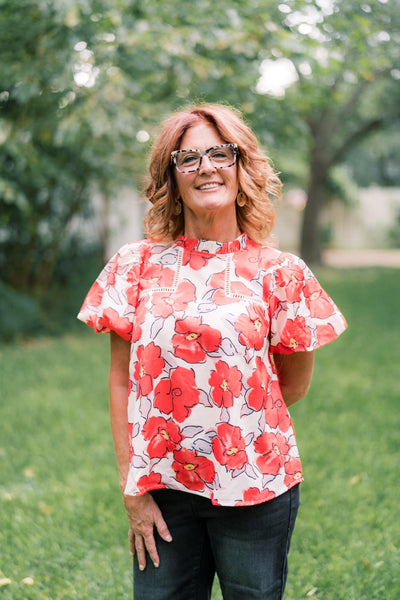 Olivia Orange & Ivory Floral Puff Blouse