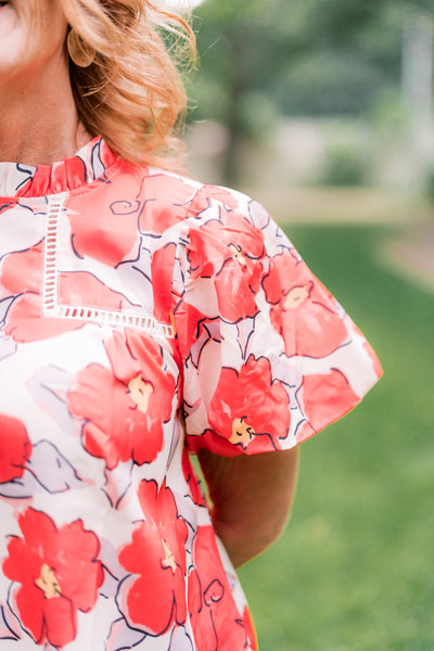 Olivia Orange & Ivory Floral Puff Blouse