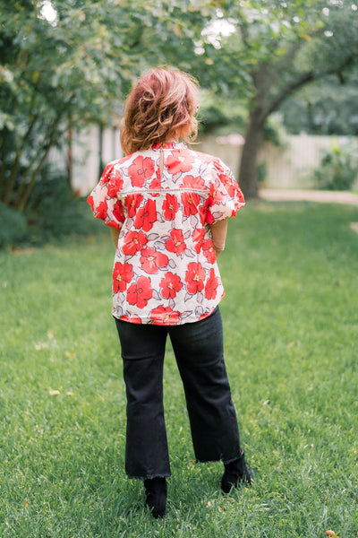 Olivia Orange & Ivory Floral Puff Blouse