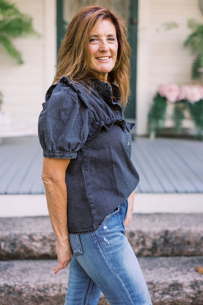 The Radiant Ruffled Denim Blouse - Charcoal Denim