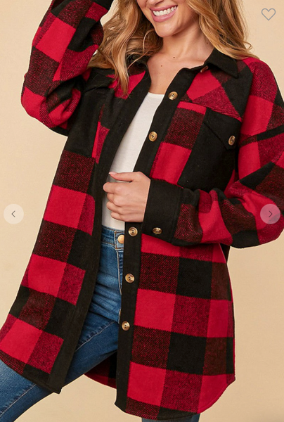 Buffalo Plaid Button Down Shacket - Red/Black